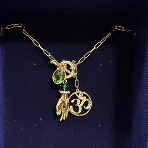 SWAROVSKI Chain Necklace with Green Gemstone, Om Pendant, and Mudra Hand